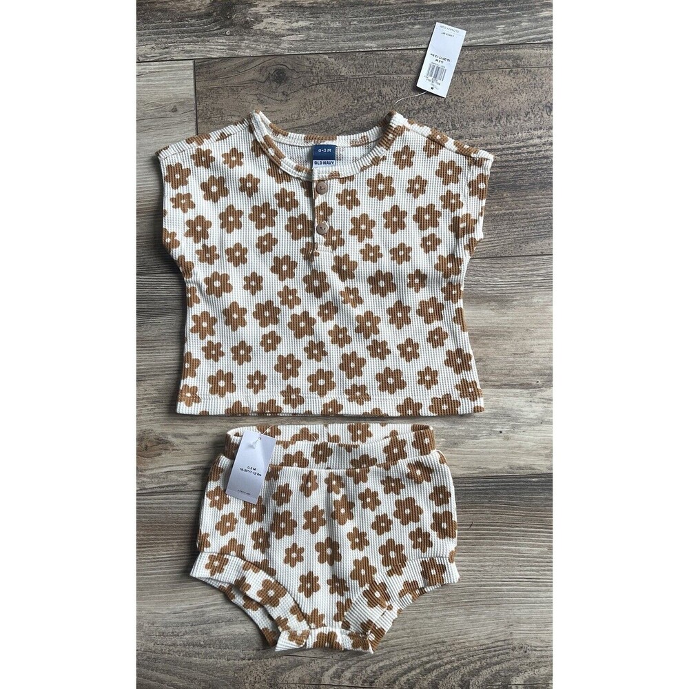 Old Navy Cream Ribbed Short Sleeve Floral Print 2 Piece Set 0-3 Months